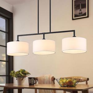 47" W Modern Linear Kitchen Island Pendant Light Fixture 3-Light White Linen Drum Shade Chandelier Black Metal Linear Chandeliers for Dining Room Farmhouse Hanging Light for Living Room, Bar, E26, Large