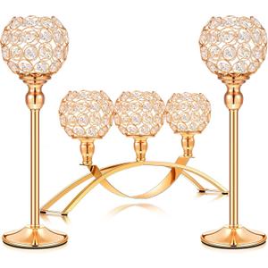 Set of 3 Pieces Gold Crystal Candle Holders, Tealight Candlestick Candelabra Stand with 3 Arms, Decorative Table Centerpieces Fireplace Home Living Room Decor for Wedding Housewarming Anniversary