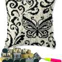 DL-YTG Latch Hook Kits Pillow Black Butterfly Crochet Yarn Cushion Colour Printed Canvas Rug Needlework DIY Pillowcase Hook and Latch Kit Christmas Home Crafts Sofa Decoration 42x42cm/16X16inch