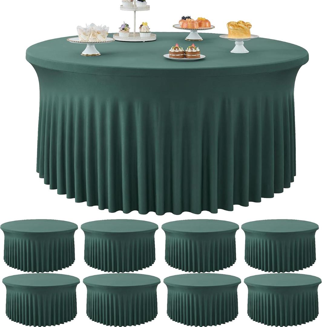 8 Pack Hunter Green Round Spandex Tablecloth for 60 inch Table, Stretchy 120inch Fitted 5FT Round Table Cloths Dark Green, Wrinkle Free Table Cover with Skirt for Wedding Party Dining Banquet