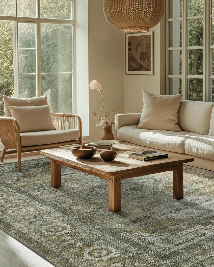 Washable Rugs 8x10 Area Rugs for Living Room Bedroom, 8x10 Washable Thin Chenille Green Rug, Distressed Sage Carpet, Low Pile Thin Mat with Non Slip Backing (8' x 10', Green/Olive)