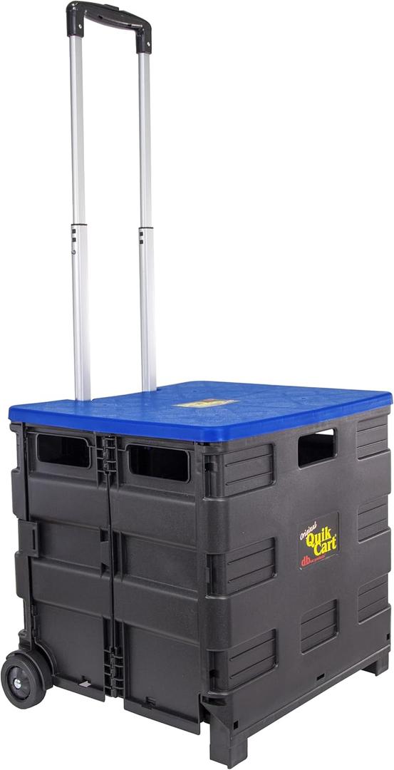 dbest products Quik Cart Collapsible Rolling Crate on Wheels for Teachers Tote Basket, 80 lbs Capacity, Blue Lid Made from Heavy Duty Plastic and used as a Seat dbest products Quik Cart Collapsible Rolling Crate on Wheels for Teachers Tote Basket, 80 lbs Capacity, Blue Lid Made from Heavy Duty Plastic and used as a Seat