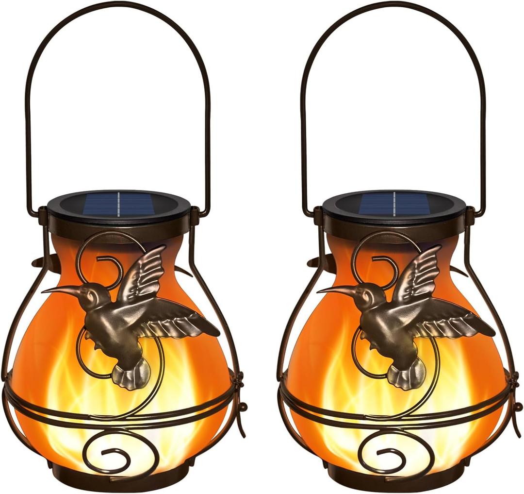 2 Pack Solar Lanterns Outdoor Waterproof , Metal Hummingbird Flickering Flame Solar Lights, Hanging Decorative Lantern for Patio Garden Porch, Gifts for Women, Mom