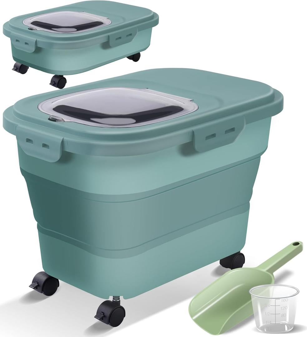 Collapsible Dog Food Storage Container with Lids, Airtight 30 35 Lbs Rice Cereal Flour Sugar Containers Dispenser, Sealable 20 25 Lbs Dog Pet Cat Bird Seed Kitchen Holder Bin Bucket with Rolling Wheel (Green)
