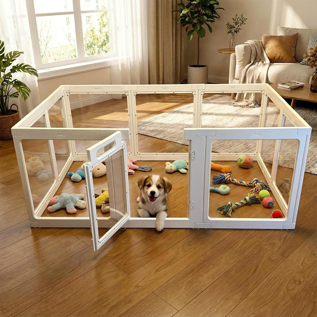 Transparent Indoor Dog Playpen with Safety Lock, Indoor Dog Fence for Small & Medium Pets | Secure, Stylish, Easy Clean Play Pen for Dogs & Pets with Scratch Resistant Panels (White, 10 Panel)