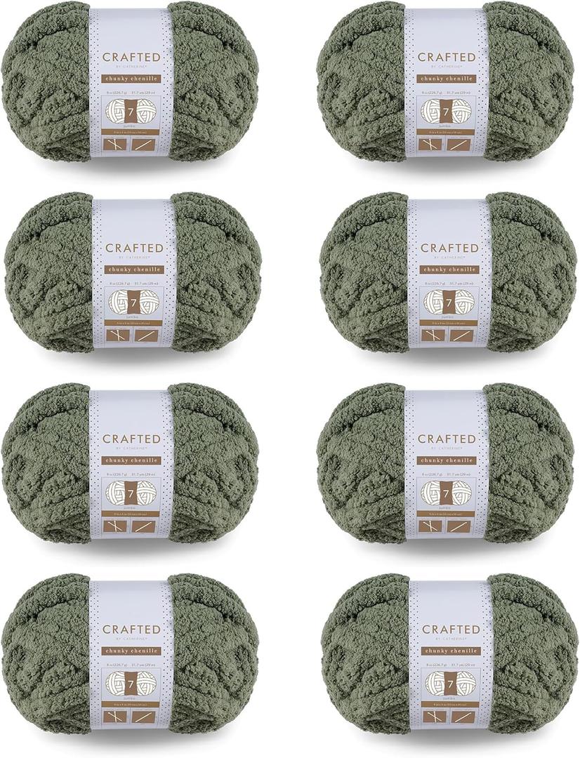 Crafted by Catherine Chunky Chenille Yarn - 8 Pack (8 oz / 227 g, 31.7 Yards Each Skein), Olive, Gauge 7 Jumbo
