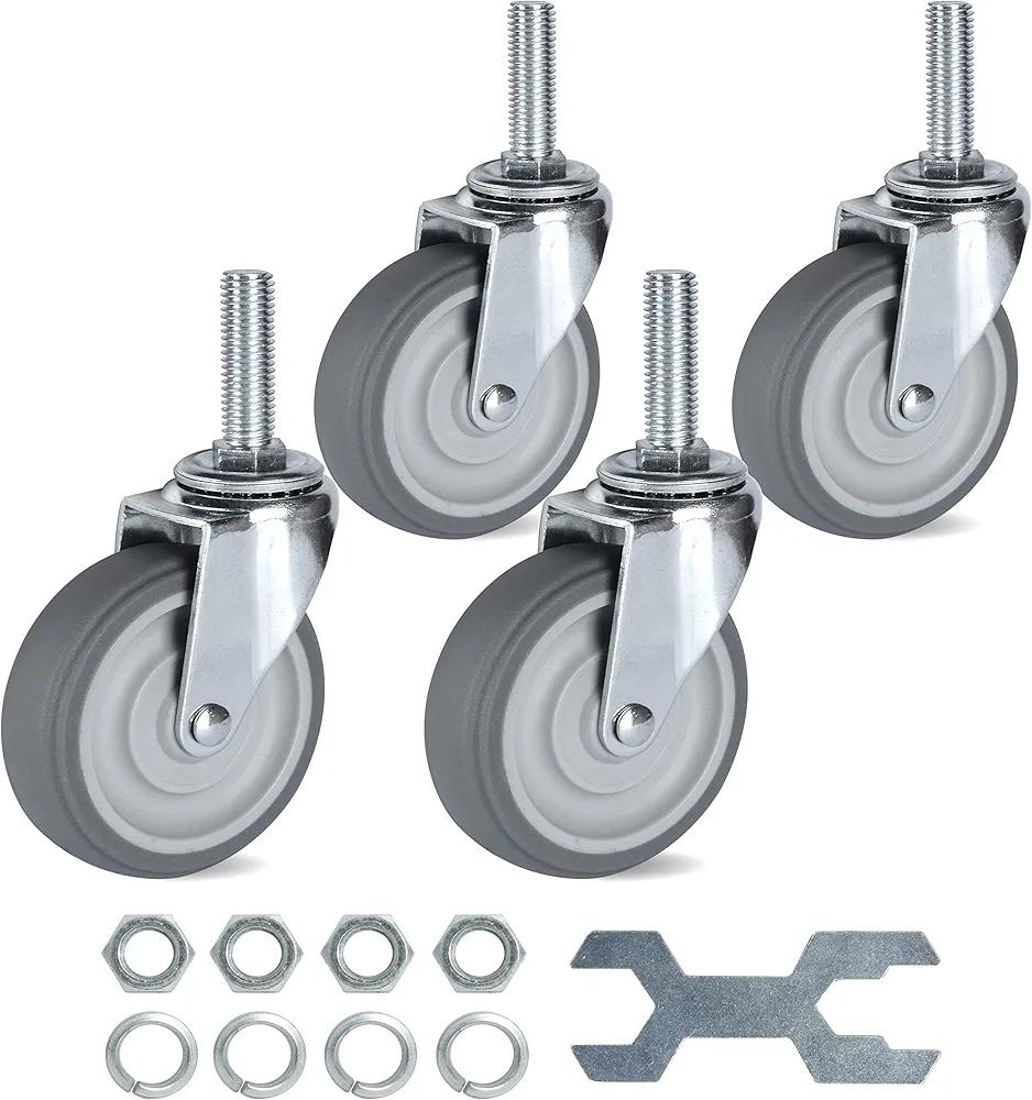 Finnhomy Caster Wheels 3 Inch Set of 4 Heavy Duty Threaded Stem Casters1/2-13x1-1/2 Swivel Rubber Industrial Castors Premium Wheels for Wire Shelving/Furniture/Carts Load Bearing 720 Lbs Gray
