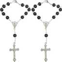 2PCS Rosary for Rearview Mirror, Black Rosary Pendant Car Interior Rear View Mirror Charm Auto Decor, Medal and Cross Personalized Hanging Accessories for Women Men