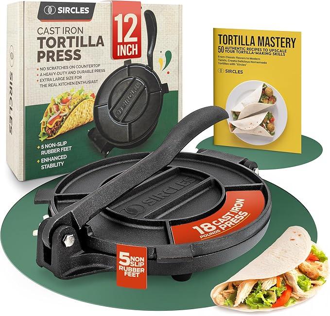 SIRCLES Tortilla Press 12 Inch Cast Iron  Extra Large, Heavy Duty 12 Inch Tortilla Press  Ebook Tortilla recipes  5 NonSlip Rubber Feet  PreSeasoned  Prensa Para Tortillas De 12 Pulgadas Grande