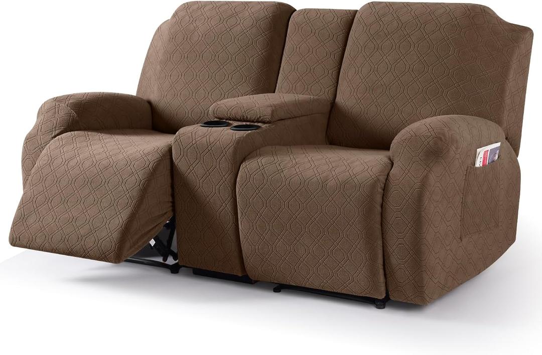 VANSOFY Recliner Loveseat Cover with Middle Console Stretch Reclining Sofa Slipcover for 2 Seat Jacquard Reclining Couch Sofa Covers Furniture Protector with Elastic Straps Bottom (Coffee)