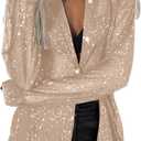 AMPOSSTO Womens Sequins Long Sleeve Collared Shirt Button Down Open Front Shirt Loose Blouses Shirst Tops (M)