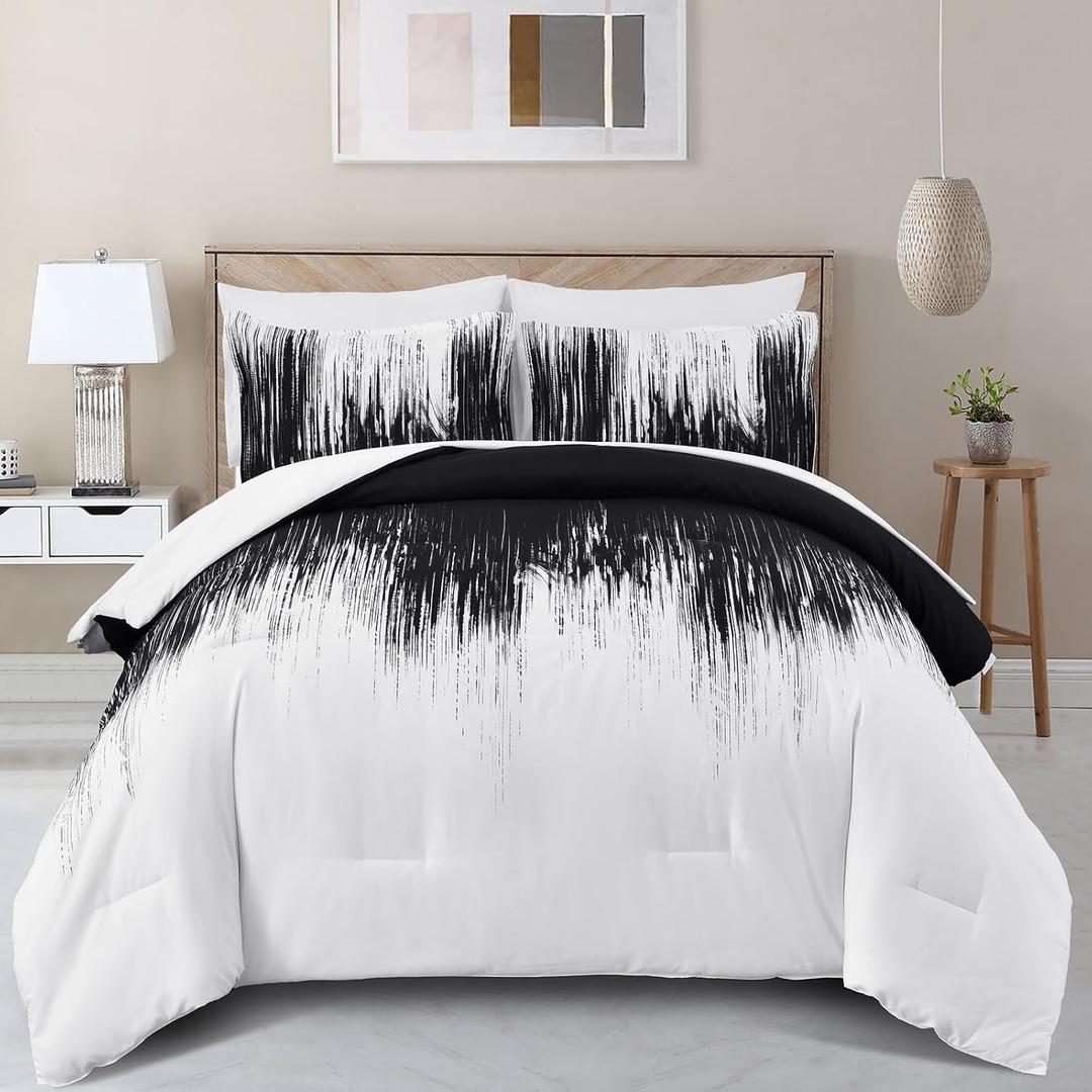 Dinjoy Ombre Black Comforter Set Full Size Gradient Black White Boho Bedding Set for Teen Men Women 7 Pieces Bed in A Bag Bohemian Bed Set with Comforter, Sheets, Pillowcases & Shams