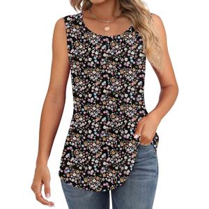 Ficerd Women's Tank Tops Sleeveless Tunic Pleated Crew Neck Blouses Summer Dressy Casual Loose Spring T Shirts (Black, S)