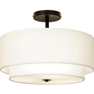 16" Dual Drum 3-Light Semi Flush Mount Ceiling Light, White Classic Fabric Linen Shade Design for Living Room, Bedroom, Kitchen, Dining Room, Hallway and Entryway (Black)
