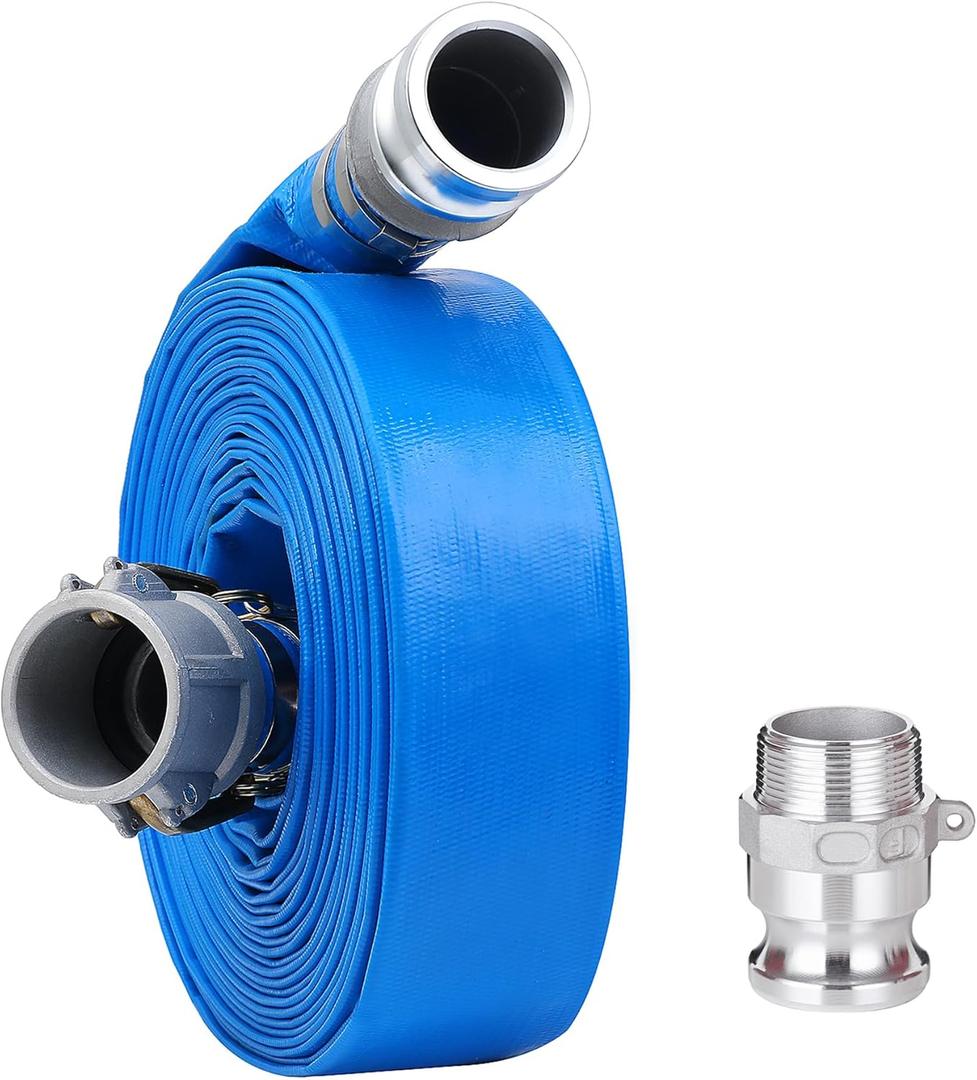 1-1/2" x 100ft PVC Lay Flat Discharge Hose With Aluminum Camlock C & E Fittings, Cam Lock Fitting Type F included, Heavy Duty Reinforced Pump Backwash Hose Assembly