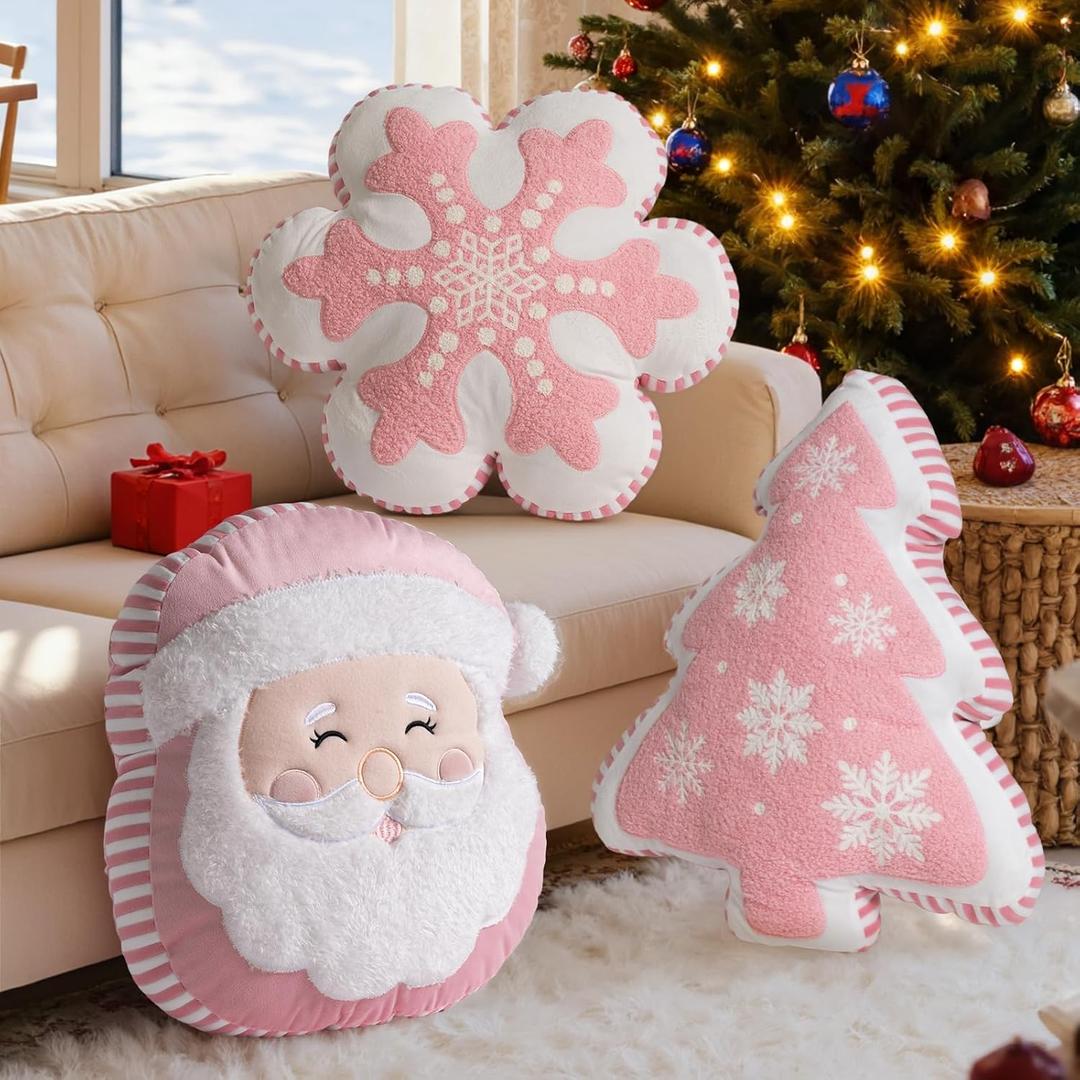 Lanpn Christmas Throw Pillows Set of 3, Christmas Decoration Winter Throw Pillows Snowflake Santa Claus Xmas Tree Cuhsion for Sofa Living Room Bedroom Xmas Decor (Pink)