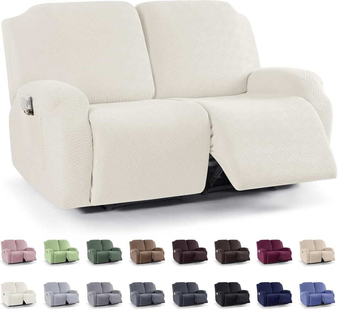 KinCam Recliner Covers, Stretch Reclining Chair Covers, Recliner Sofa Slipcovers Stripe Jacquard Recliner Couch Covers Furniture Protector Covers (2 XL Seater, Cream)