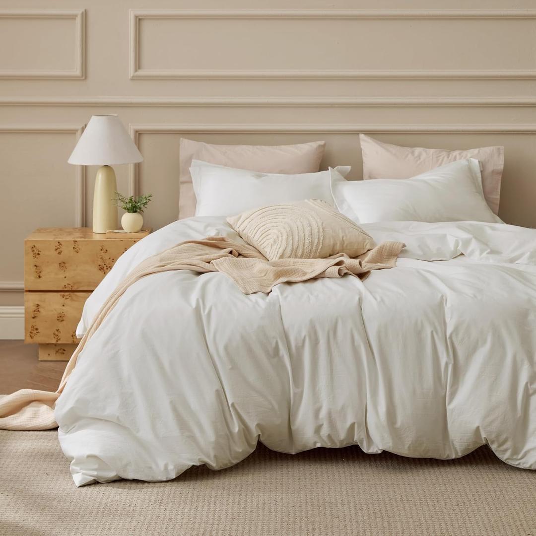 Bedsure 100% Washed Cotton Duvet Cover Full Size - Ivory Minimalist Bedding Set Linen Like - PureWoven Plain Simple & Soft Comforter Cover for All Seasons, 3 Pieces (Ivory, Full, 80"x90")