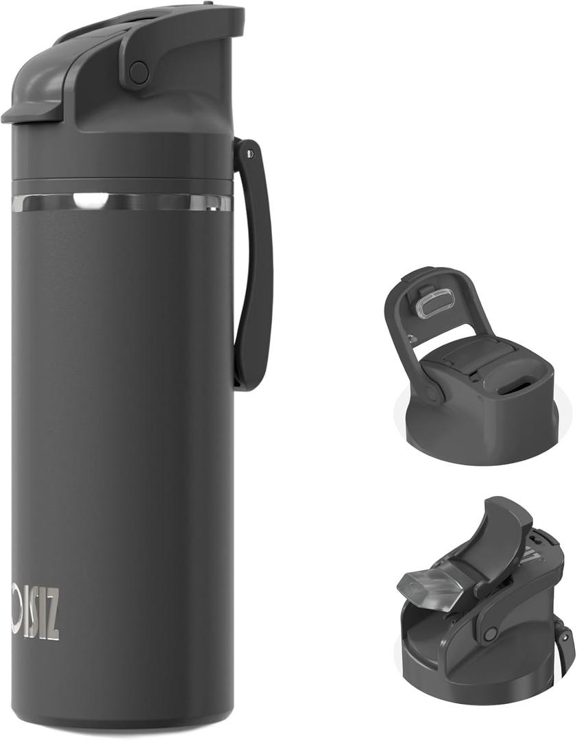 OISIZ Insulated Water Bottle 20 oz with 2 in 1 Spout and Straw Lid,One Click Safety Lock,100% Leakproof,Keep Cold 24H,Vacuum Stainless Steel Water Bottle for School,Travel and Sports,Dishwasher Safe (coal grey)