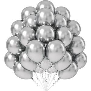 FOTIOMRG Metallic Silver Balloons 12 inch, 50 Pack Chrome Silver Latex Party Balloons Helium Quality for Birthday Graduation Baby Shower Disco Wedding Party Decorations (with Silver Ribbon)