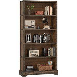 TVU 5-Tier Solid Wood Book Shelf, Floor Standing Bookcase, 65" H 31.5" W 11.8" D Bookshelf, Farmhouse Style Book Case with Arched Base, Suitable for Living Room, Study, Office, Walnut