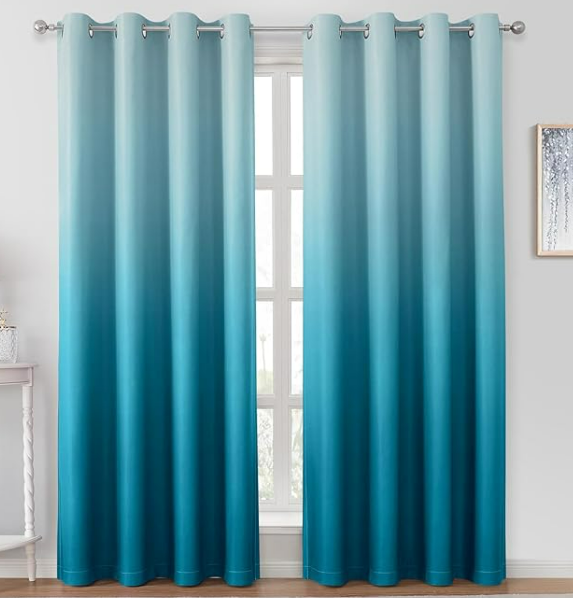 HOMEIDEAS Turquoise Ombre Blackout Curtains 52 X 84 Inch Length Gradient Room Darkening Thermal Insulated Energy Saving Grommet 2 Panels Window Drapes for Living Room, Bedroom 52"W x 84"L  Turquoise