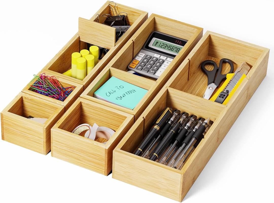 6PCS Desk Drawer Organizer Tray with 12 Compartments Bamboo Office Storage Boxes Set for Junk Drawer Supplies, Utensils, Cosmetics, Jewelry and More