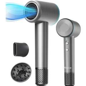 Hair Dryer Ionic Blow Dryer with Diffuser for Curly Hair, 1500W High-Speed Brushless Corded with 150,000 RPM, Fast Drying Low Noise Thermo-Control Hairdryer with Nozzle for Home Travel (Gray)