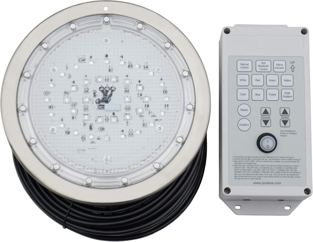 10 Inch LED Multicolor Inground Pool Light  Stainless Steel Housing, 50ft Cord, RGB Controller for Wet Niche