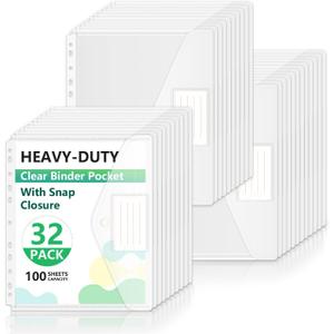 HOUYEE 32 Pack Clear Binder Pocket, 11 Holes Heavy-Duty Plastic Binder Pouch with Snap Closure for 2/3/4 Ring Binder, Clear Binder Folders for School Office, 8 Mil,100 Sheet Capacity, Letter Size