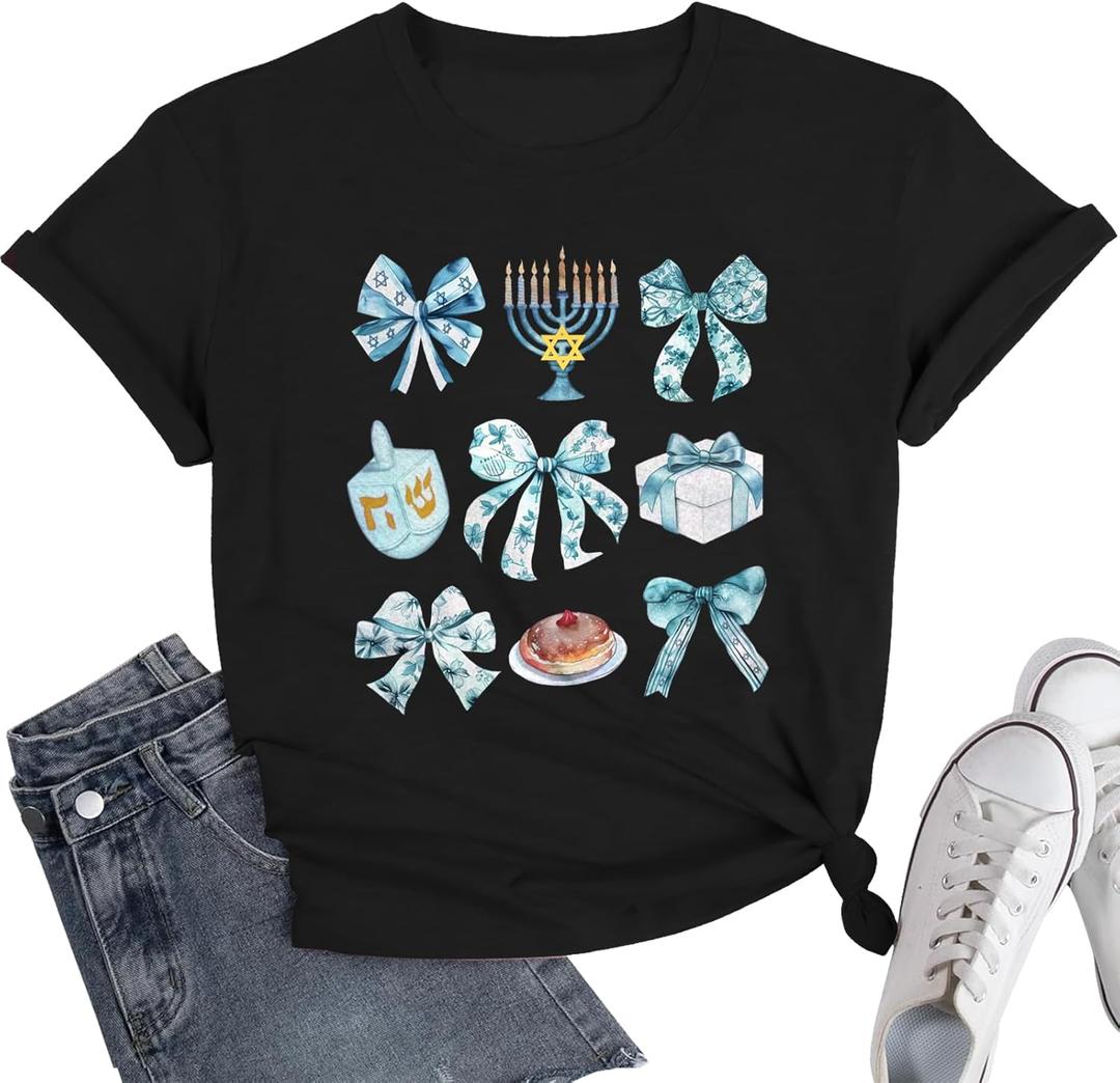 Hanukkah Shirt Women Bow Menorah Candles Hanukkah T-Shirt Jewish Menorah Chanukah Tee Tops (S)