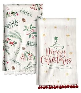 Christmas Kitchen Towels with Tassels - Cotton Christmas Kitchen Towels 16x26 Inch Terry Cloth Decorative Xmas Theme Dish Towel for Holiday Cute Designs with Xmas Tree for Gifting