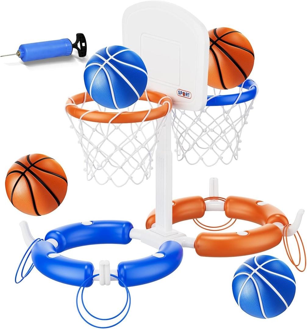 VROGTIK Dual Pool Basketball Hoop, Summer Toys for 3-12Years Kids Floating Pool Toys Ring Game with 4 Balls 8 Rings & Pump Outdoor Swimming Pool Basketball Games Water Play Toy for Boys & Girls