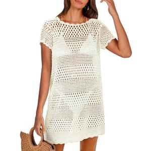 ANRABESS Swimsuit Cover Up for Women 2025 Crochet Bathing Suit Swimwear Mesh Knit Beach Dress Summer Vacation Outfit Clothes (Small, White)