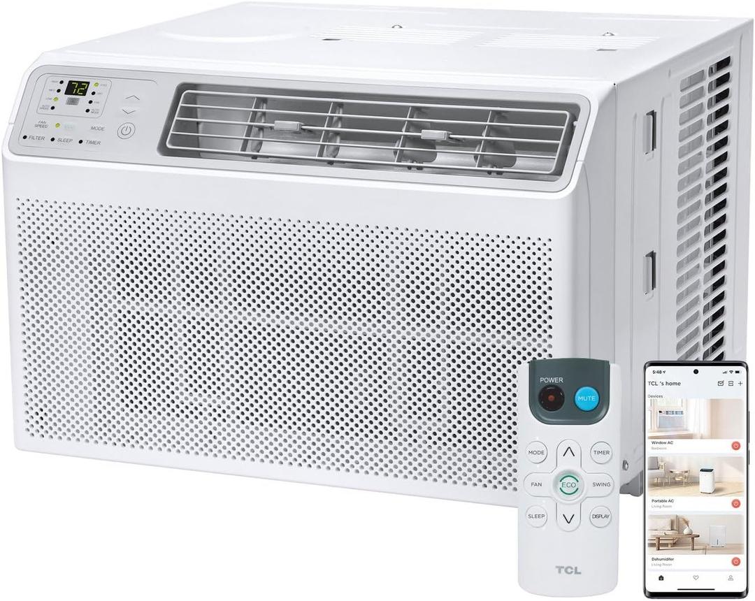 TCL 14000 BTU Smart Window Air Conditioner, Best Compact Energy Efficient AC Unit, Fan & Dehumidifier for Rooms Up To 700 Sq. Ft., Remote Control, Works with Alexa, Google Assistant & TCL Home App