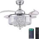 DuMaiWay 36" Dimmable Fandelier Crystal Ceiling Fan with Lights and Remote Modern Invisible Retractable Blades Chandelier Ceiling Fan Light Kit for Bedroom Living Room -Polished Chrome