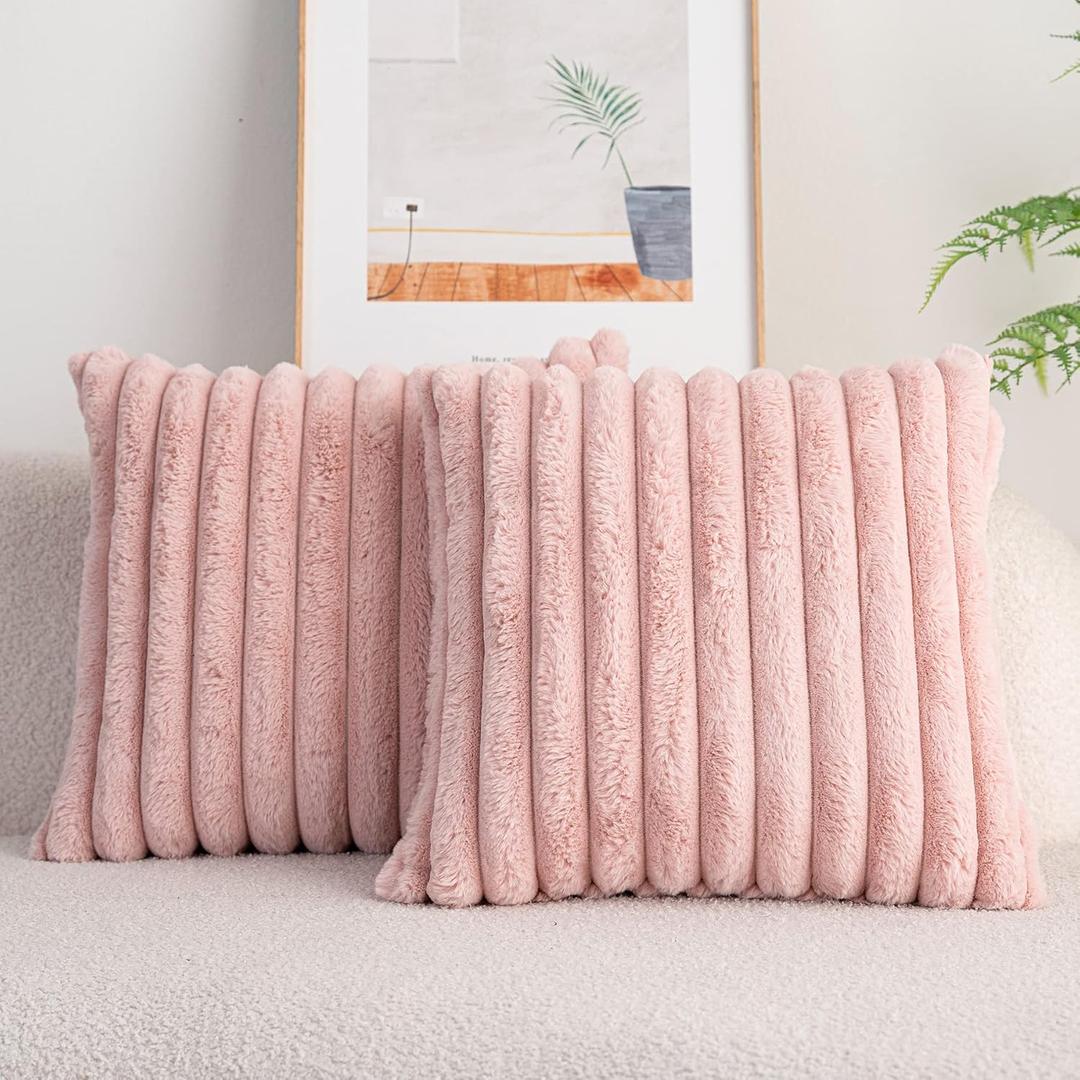 DEELAND Pack of 2,Double-Sided Faux Fur Plush Decorative Throw Pillow Covers Fuzzy Striped Soft Pillowcase Cushion Covers for Sofa Couch Bedroom (Pink)