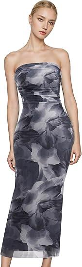 Women 2025 Summer Strapless Midi Dresses Side Slit Ruched Floral Boho Beach Bodycon Cocktail Slim Party Maxi Dress S