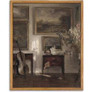 KBKBART Vintage Framed Wall Art, Farmhouse Decor Moody Still Life Canvas Oil Painting Vintage Dark Bathroom Art Prints, Neutral Antique Wall Art Decor for Bedroom, Living Room, Gallery, Gifts for Friends or Family (8"x10")
