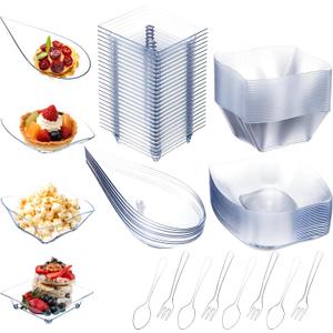 200 Pcs Mini Appetizer Plates with Spoons and Forks Plastic Mini Dessert Plates Clear Square Plate Leaf Shape Dessert Bowls for Sauce Snacks Party Birthday Wedding