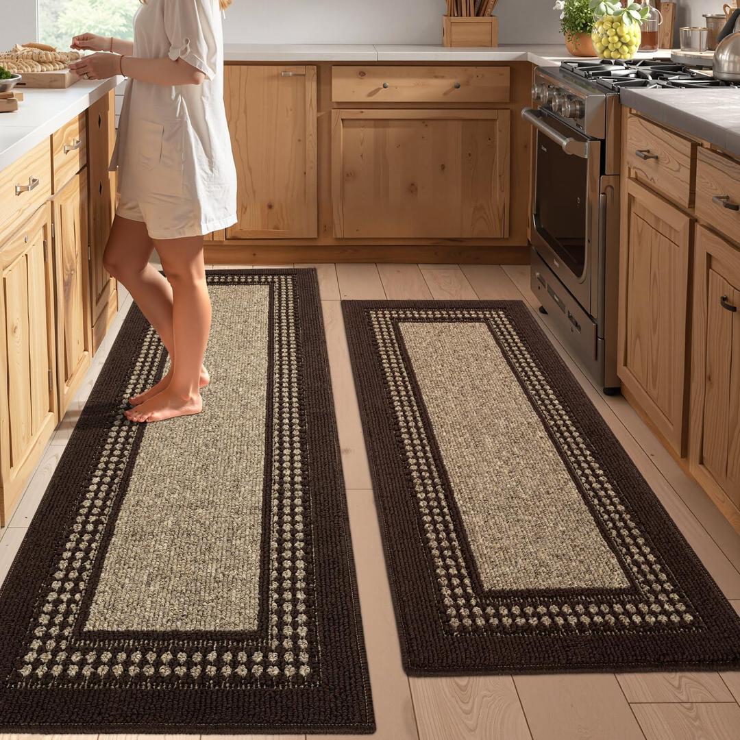Kitchen Rugs Set,Non Slip Kitchen Mats for Floor-Thick Stain Resistant Kitchen Floor Mat Runner Carpet for Hallways Entryway Laundry Room Washable(20"x48"+20"x59",Brown)