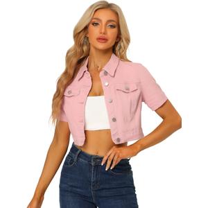 Allegra K Casual Denim Jacket for Women Short Sleeves Crop Jean Denim Jacket (Pink, Small)