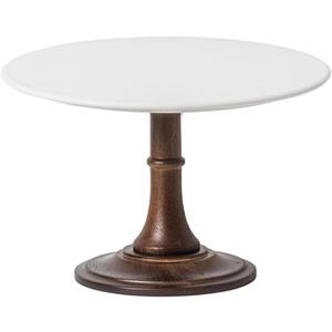 Kanwone 10-Inch Ceramic & Acacia Wood Cake Stand, White, Round Wedding Cake Display Stand