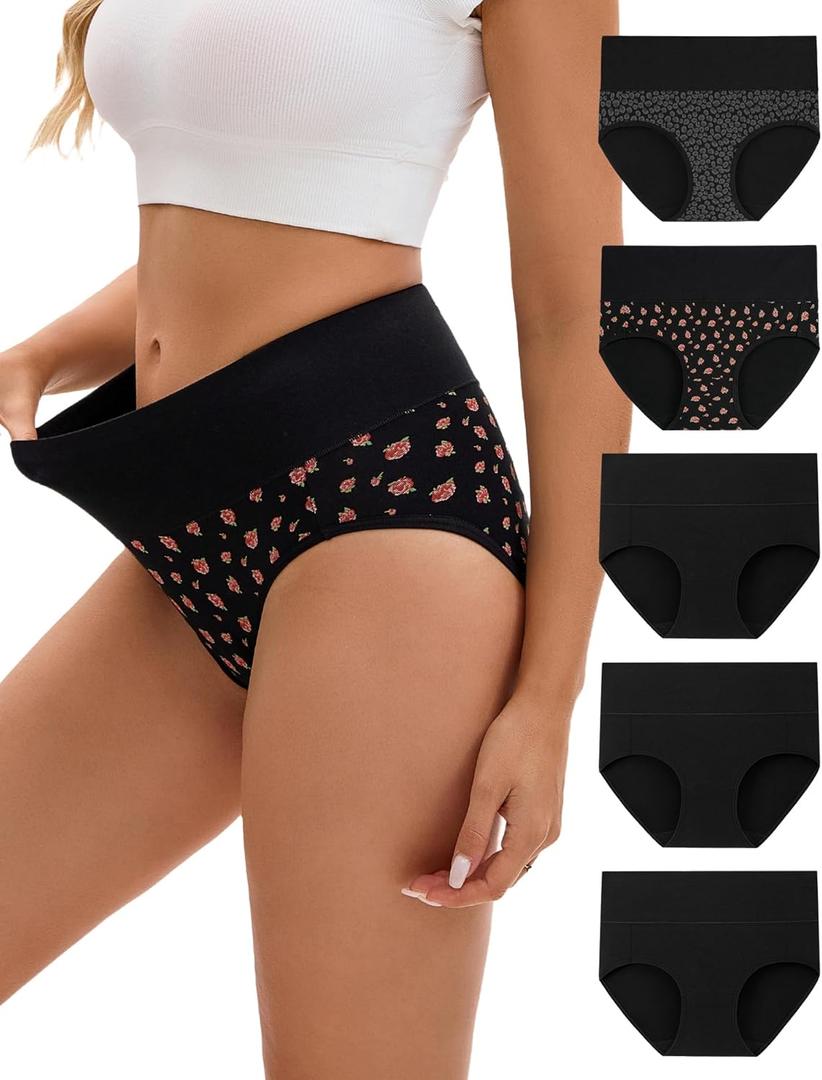INNERSY Women's Underwear Cotton Soft Underwear High Waisted Breathable Briefs 5 Pack(X-Large, Black Rose)