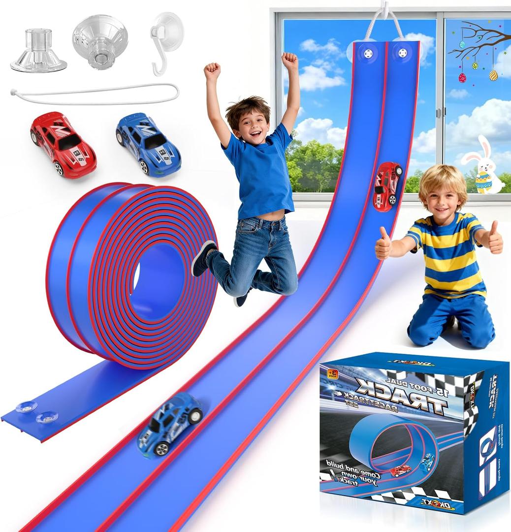 15 Ft Flexible Race Track for Kids, DIY Car Track Set with 2 Toy Cars & 3 Suction Cup Ramps, Easter Basket Stuffers for Teens & Boys Girls, Creative Easter Gifts for Kids, Blue & Red
