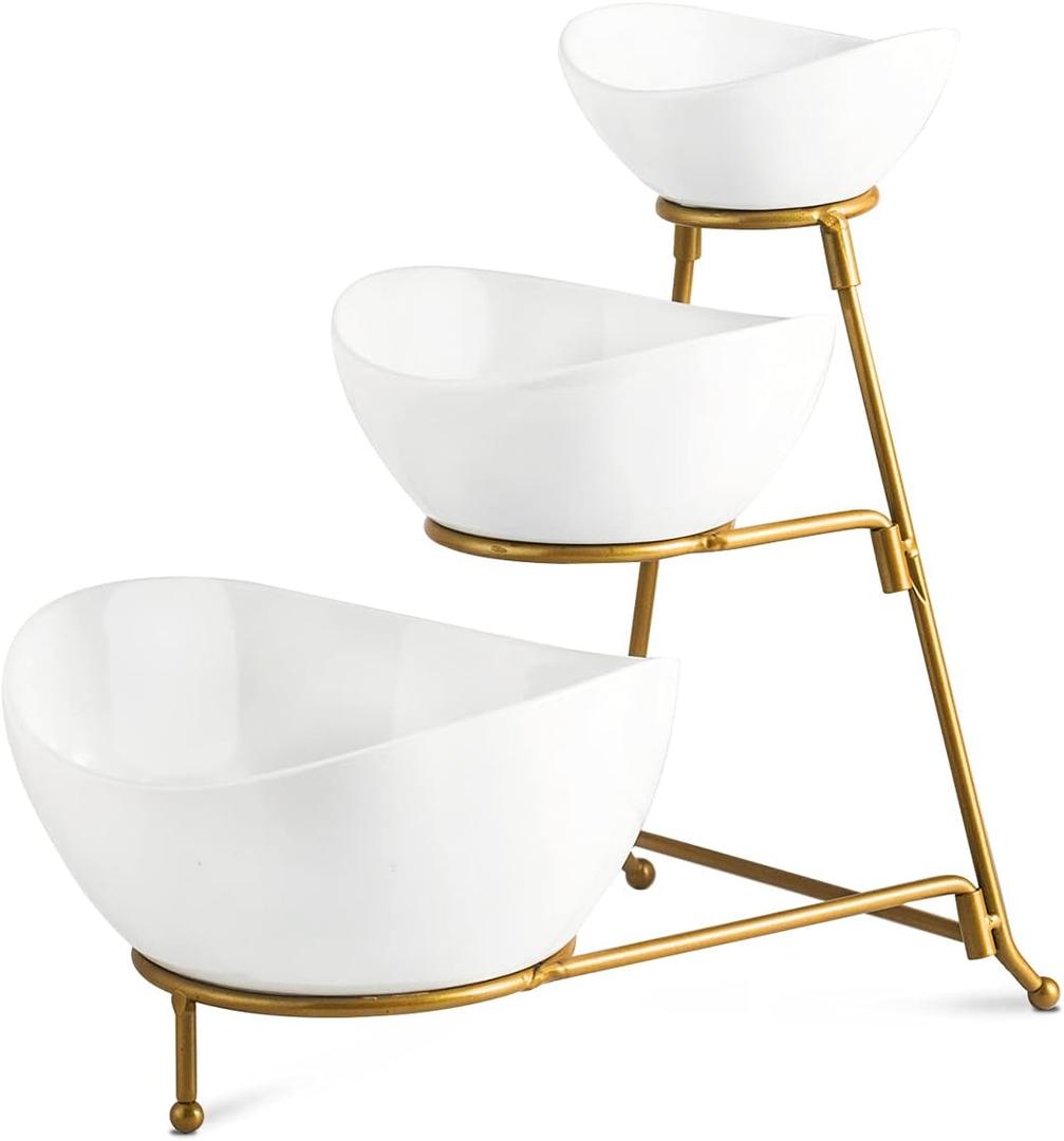 YHOSSEUN 3 Tier Serving Stand Oval Serving Bowl with Metal Rack, Tied Serving Bowls Food Display Dessert Appetizer, Chip and Dip Serving Bowl Set for Parties, Gold-45oz / 17.5oz / 7oz