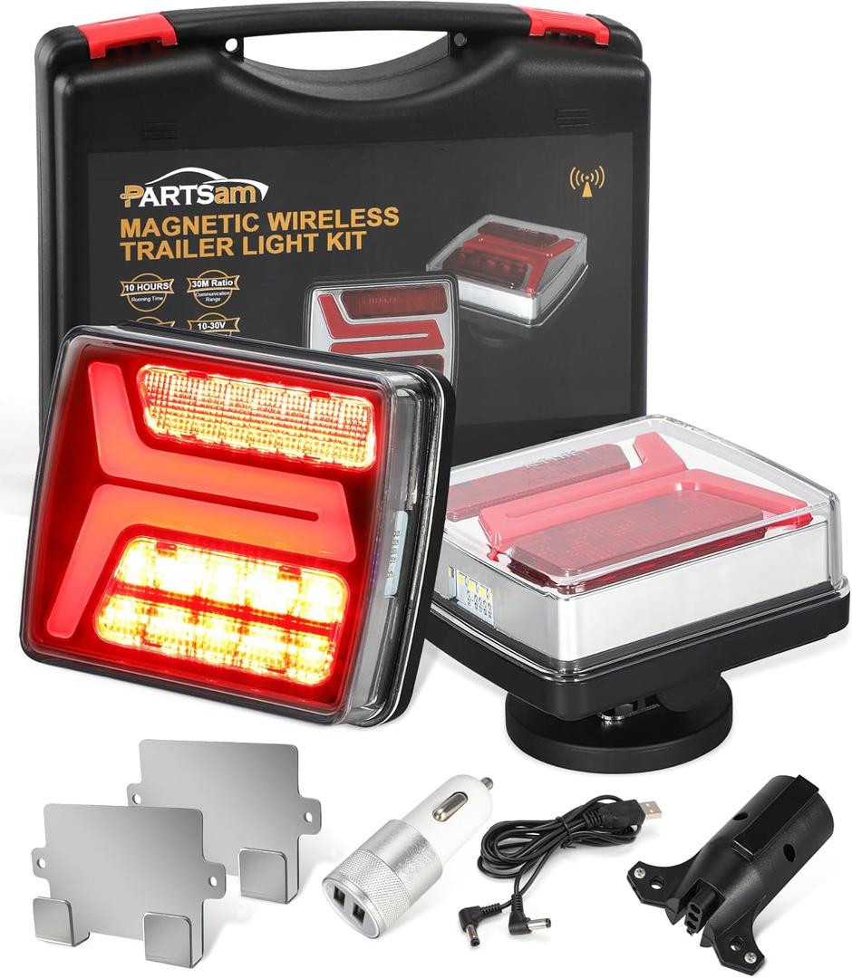 Partsam LED Wireless Trailer Lights Kit Magnetic Towing Tail Lights 58LED Universal Stop Turn Running Light with License Plate Light Dual USB Cable Charges for Trailers IP67 10-30V