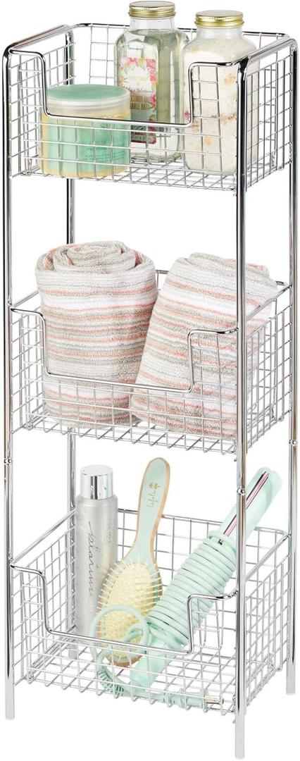 mDesign Steel Freestanding Storage Organizer Tower Rack Basket Shelf, Metal 3-Tier Furniture Unit for Master/Guest Bathroom, Powder Room - Holds Bath Towels, Soap - Concerto Collection - Chrome
