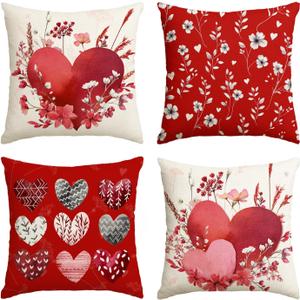 AVOIN colorlife Valentine's Day Love Heart Red Throw Pillow Covers, 18 x 18 Inch Flowers Leaves Anniversary Wedding Cushion Case Decoration for Sofa Couch Set of 4