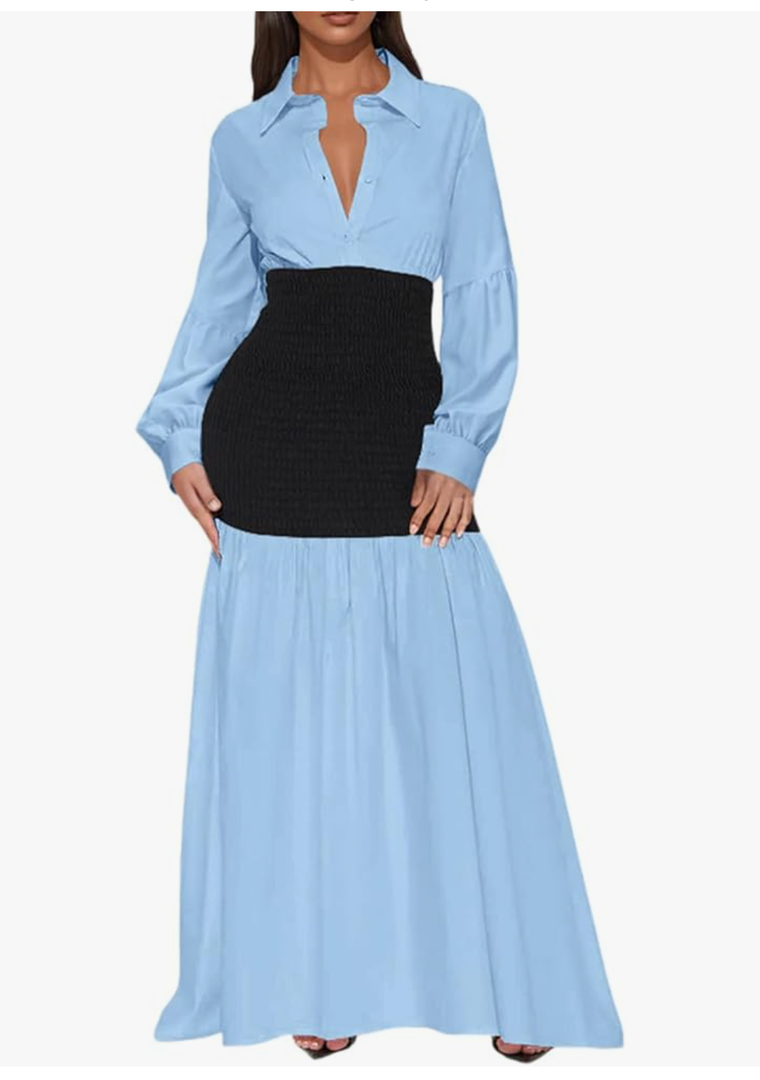 Ekaliy Women's Puff Long Sleeve Shirt Dress Elegant Button Down Loose Swing Party Maxi Dress, S